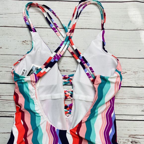 Bar III Waves Chevron Printed Strappy High Leg One-Piece Swimsuit S Teal Pink - Picture 6 of 7